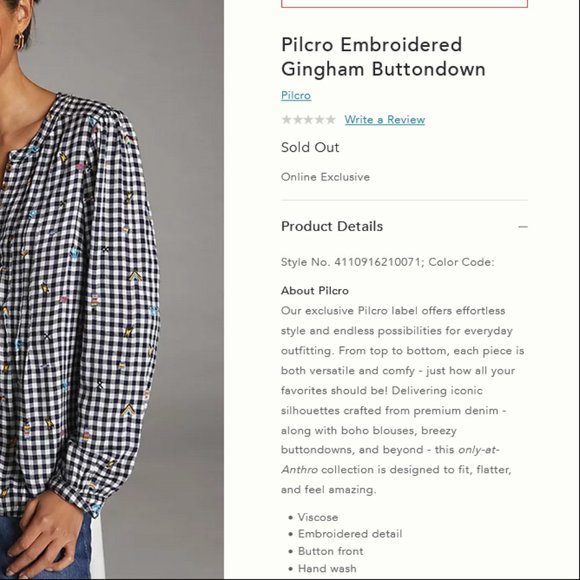 Anthropologie Pilcro M NWT Embroidered Gingham Buttondown Shirt Top Blouse - Picture 4 of 4